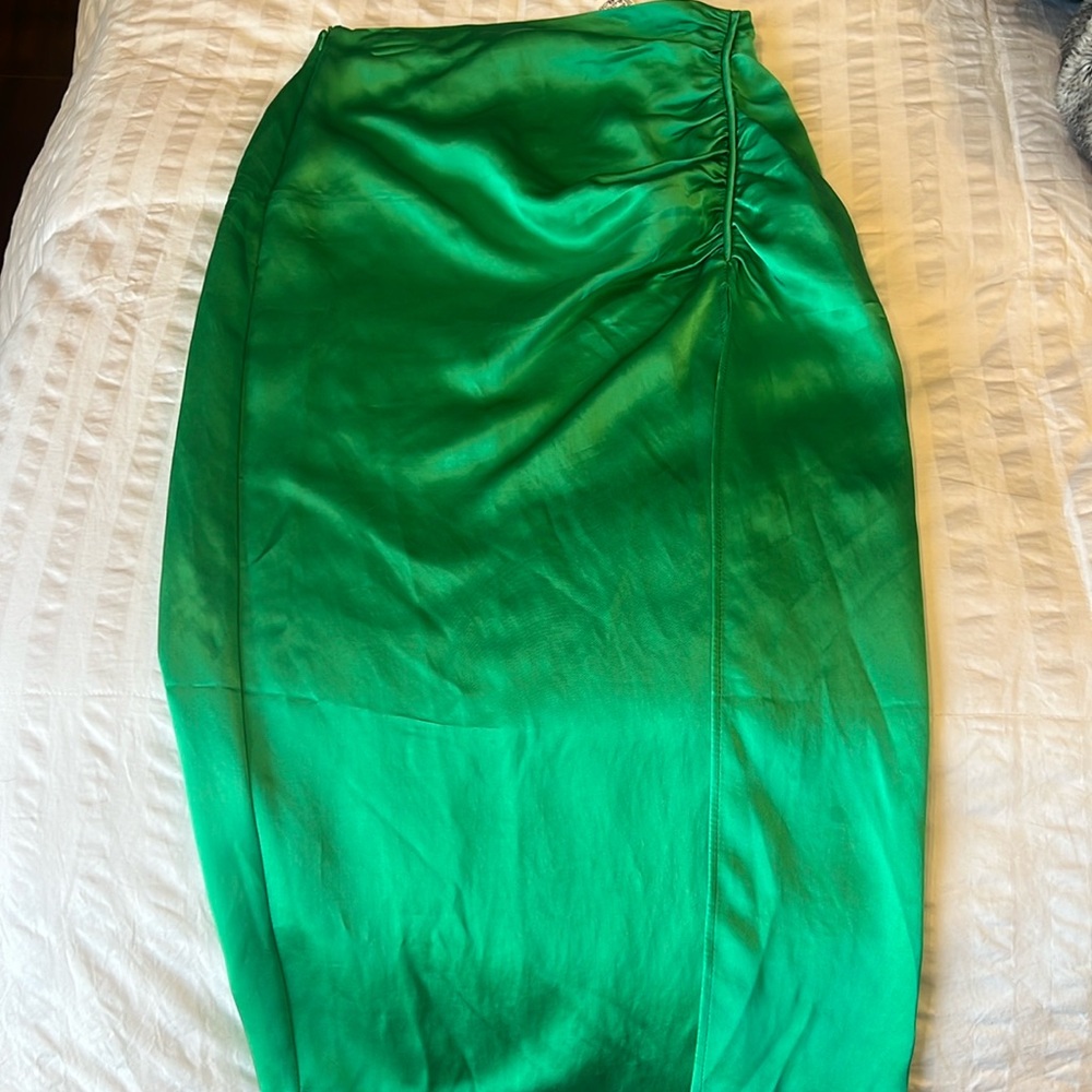 Zara satin green side slit skirt